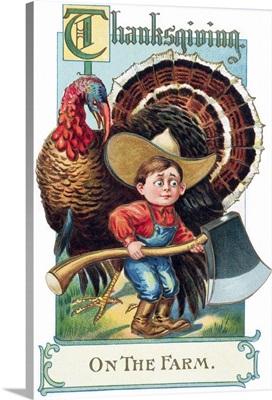 Thanksgiving greeting card with illustration of boy and turkey from 20th century