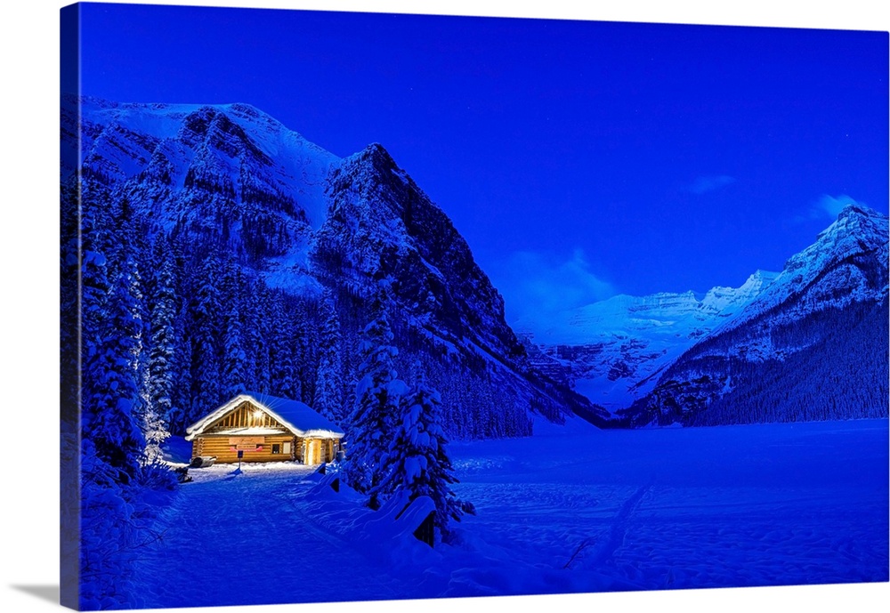 The blue hour at Lake Louise in winter in Banff National Park.