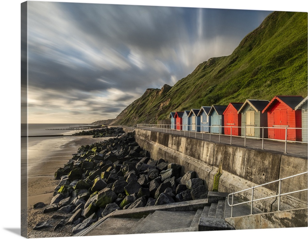 The colourful beach huts at Sheringham beach on the Norfolk Coast.