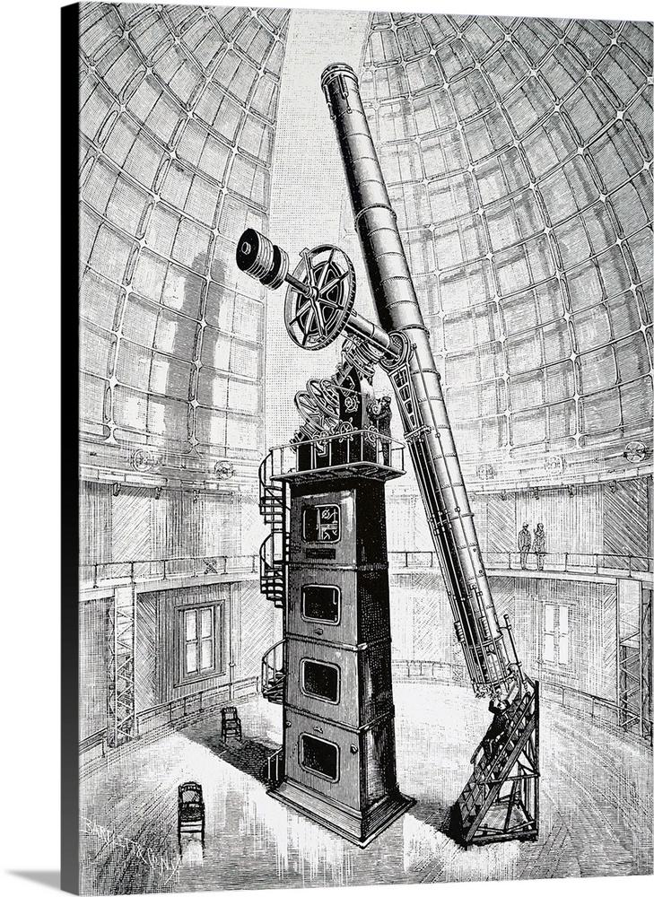 Engraving depicting the Crossley telescope, a 36inch (910 mm) reflecting telescope located at Lick Observatory, California...
