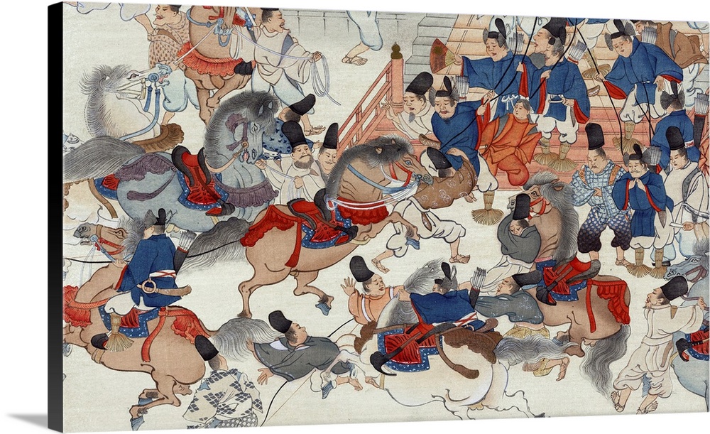The horse show Battle in front of a palace by Mitsunaga Tokiwa, active 12th century. Print, woodcut, colour. Print shows a...