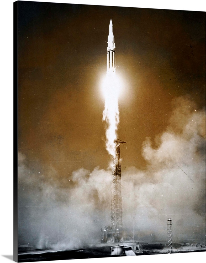 Photograph taken during the launch of Saturn I, the United States first heavylift dedicated space launcher, a rocket desig...