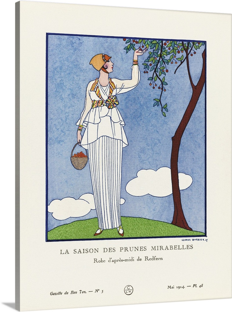 La Saison des Prunes Mirabelles.  The Mirabelle plum season. Robe d'apres-midi de Redfern. Art-deco fashion illustration b...