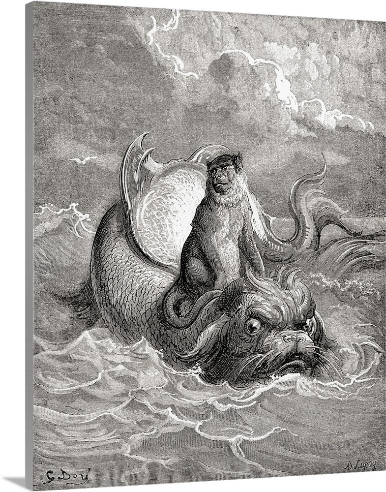 The Monkey And The Dolphin After A Work By Gustave Dore, 1885 Solid-Faced  Canvas Print