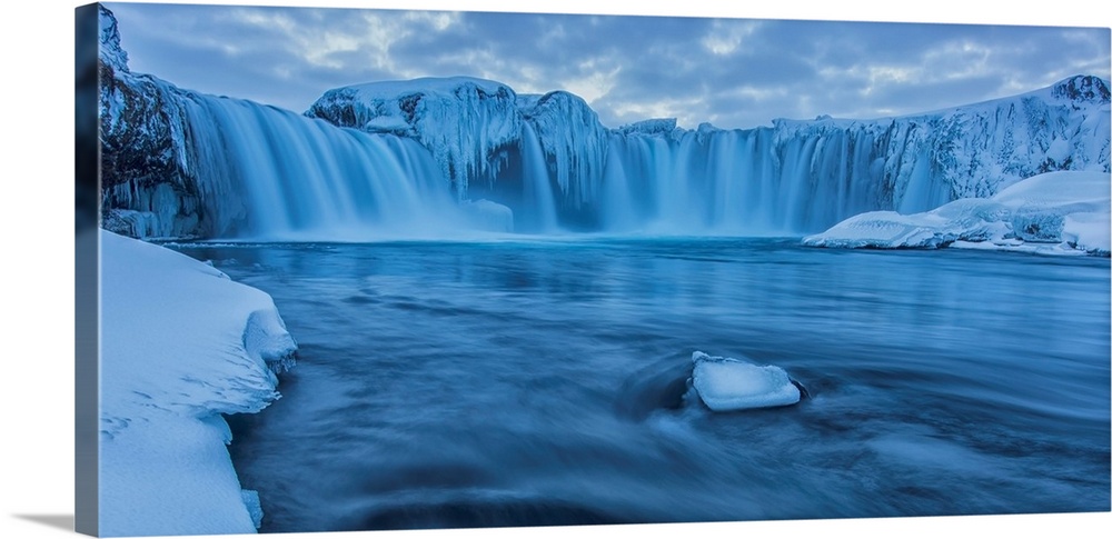 The Waterfall Godafoss In Northern Iceland Seen In The Winter At Sunset; Iceland