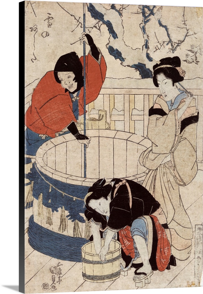 Tomorrow's snow by Toyokuni Utagawa. Woodcut, colour print of an upper class woman standing near a well and two women, pos...