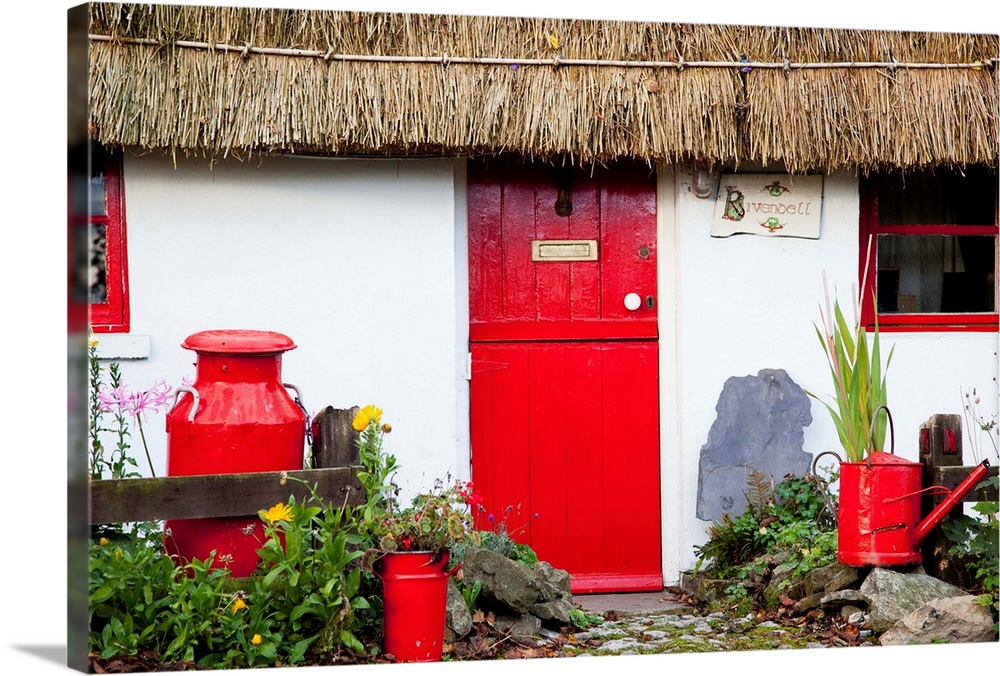 Traditional Irish Cottage With A Red Door And Red Decorative Items, Currabinny, Ireland