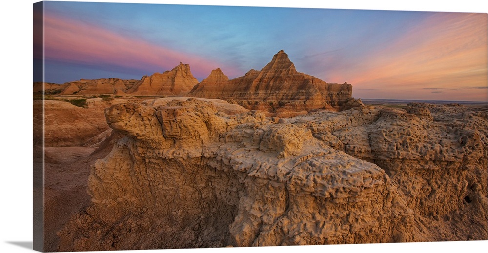 Twilight over the Hoodoos and rock formations in Badlands National Park, South Dakota