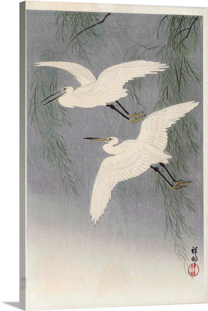 Two Little Egrets in Flight, by Japanese artist Ohara Koson, 1877 - 1945.  Ohara Koson was part of the shin-hanga, or new ...