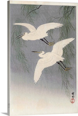 Two Little Egrets In Flight By Japanese Artist Ohara Koson
