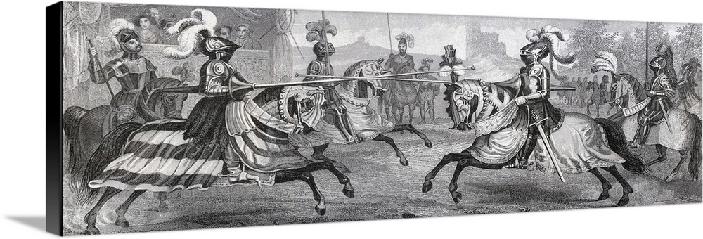 Two Mounted Knights In Full Armour Jousting In A Medieval Tournament. From A 19th Century Engraving.