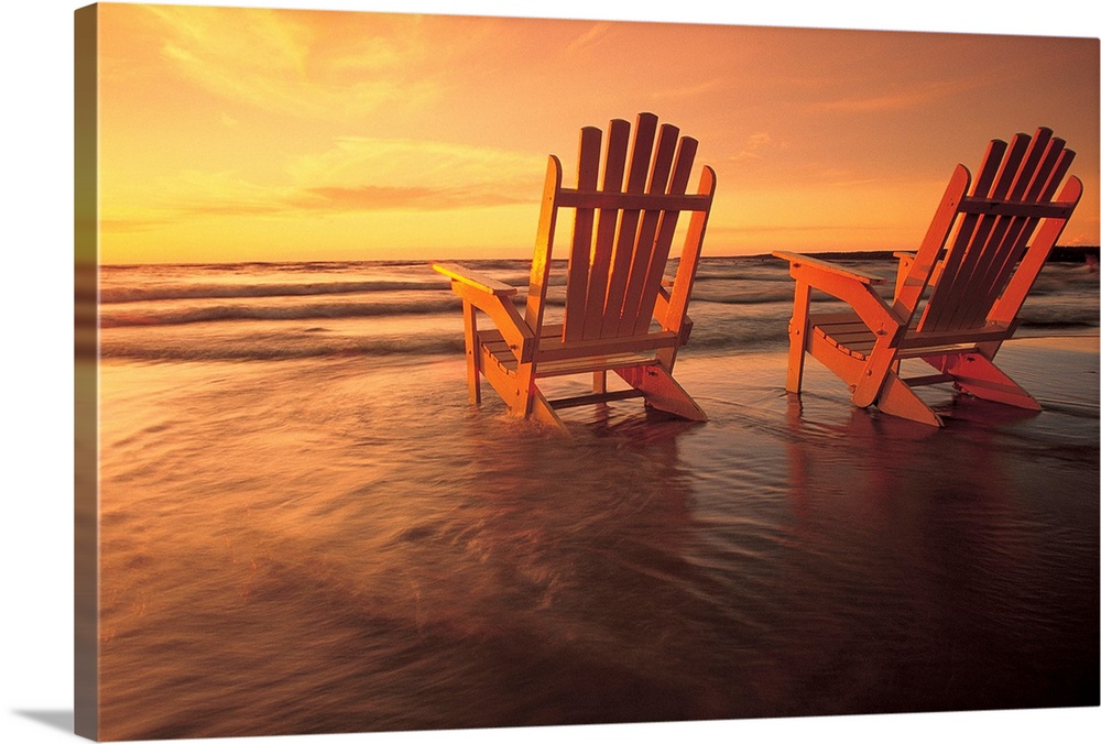 Two Muskoka Chairs In The Surf At Grand Beach, Manitoba, Canada