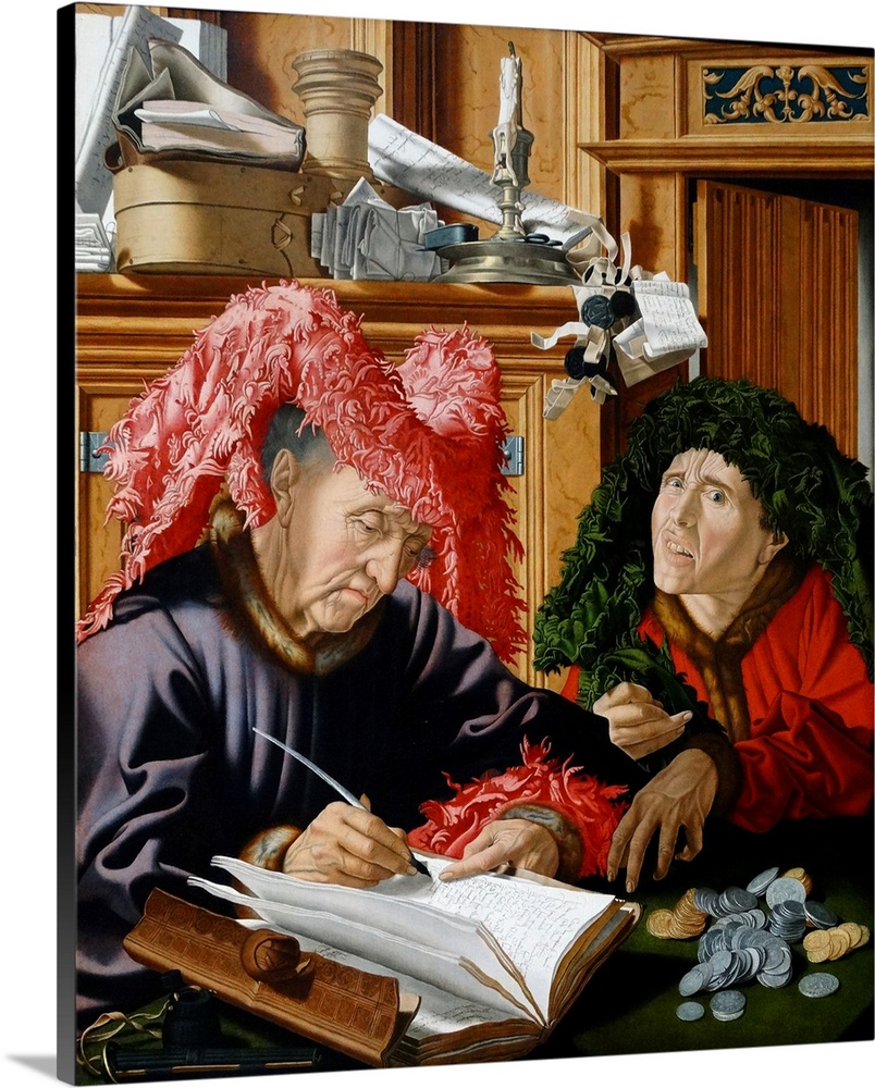 Painting titled 'Two Tax Gatherers' by Marinus van Reymerswaele, a Dutch painter. Dated 16th Century.