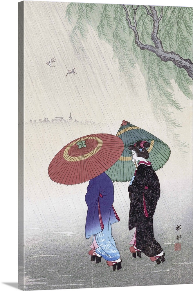 Two Women in the Rain, by Japanese artist Ohara Koson, 1877 - 1945.  Ohara Koson was part of the shin-hanga, or new prints...