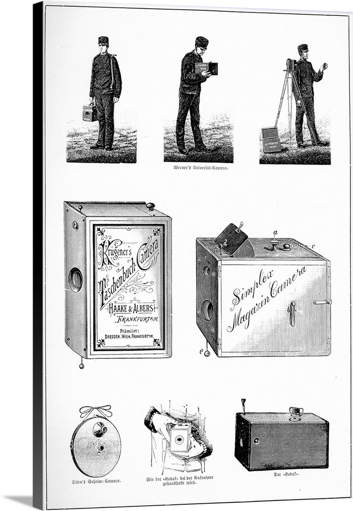 Engraving depicting various types of early cameras for the amateur photographer including, bottom centre and right, the Ko...
