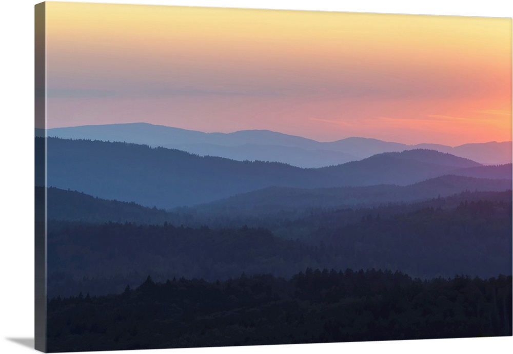 View from Lusen mountain over the Bavarian Forest at sunset at Waldhauser in the Bavarian Forest National Park, Bavaria, G...