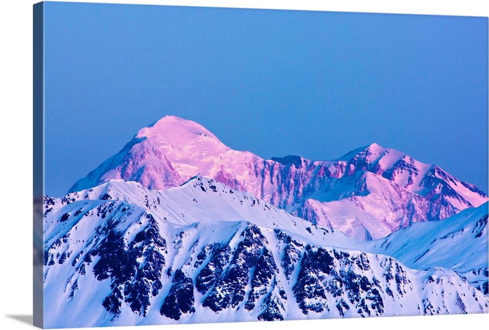 View of dawn alpenglow on the North and South summits of Mount McKinley