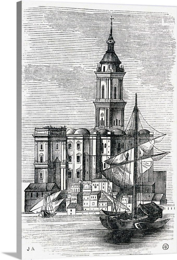 View Of Malaga Cathedral From The Port. 19th Century Print From The "Viaje Ilustrado." Malaga, Costa Del Sol, Spain.