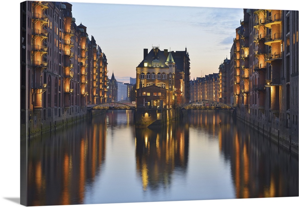 View of Speicherstadt with River Elbe at Dusk, Hamburg, Germany