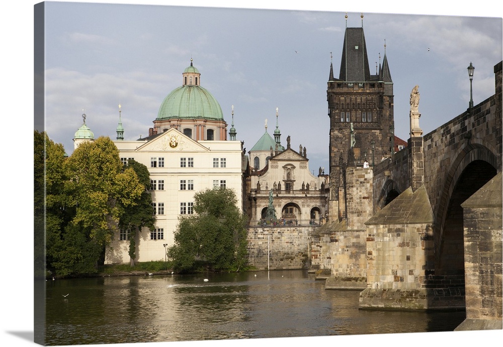 From the Vltava River, a view of the Charles Bridge and The Old Town in Prague. Prague, Czech Republic