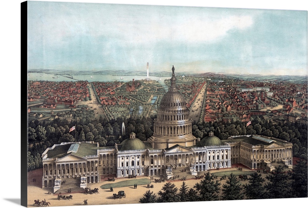 View of Washington City by Lithographer E Sachse & Co. Chromolithograph. Print showing a bird's eye view of Washington D.C...
