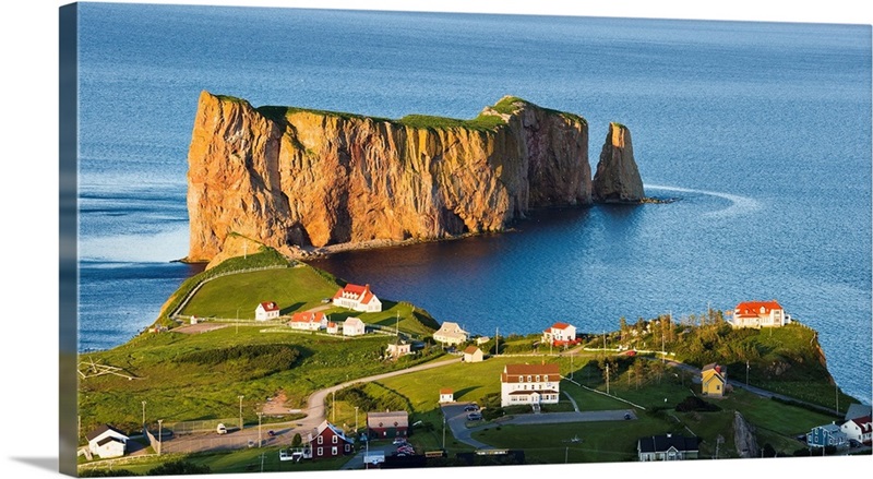 Village And Perce Rock At Sunset, Perce, Gaspesie, Quebec, Canada Wall