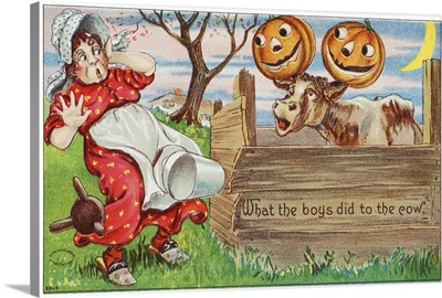 Vintage halloween greeting card with cow with jack-o-lanterns on horns