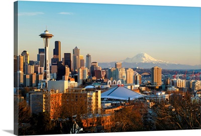 Washington, Seattle, Cityscape Of The Space Needle And Mount Rainier