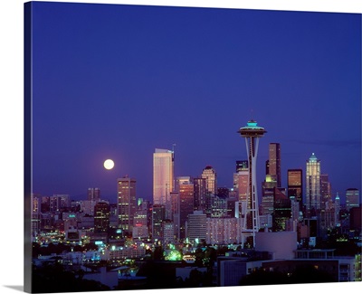 Washington, Seattle, Downtown Skyline With Moonrise Twilight