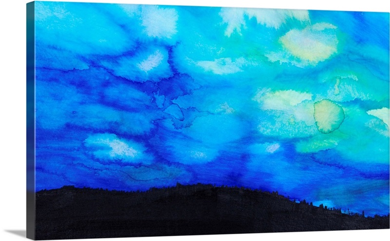 Watercolor Sunsets with Silhouettes : Dramatic Summer Sky, Clouds