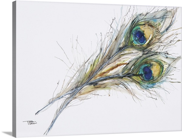 Watercolor Painting Of Two Peacock Feathers Wall Art Canvas