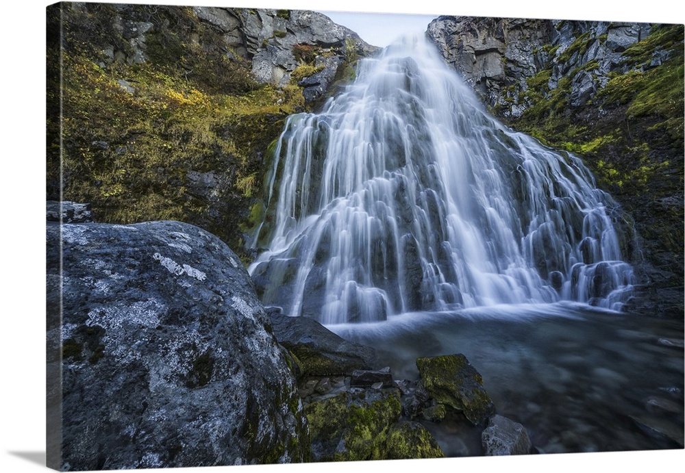 Waterfall along the road, west fjords, Iceland.