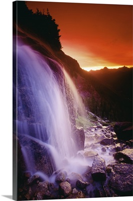 Waterfall At Sunset, Bugaboo Glacier Provincial Park, British Columbia, Canada