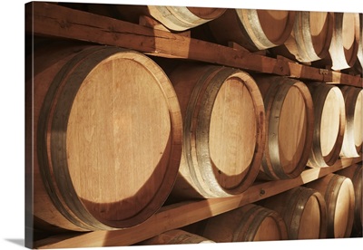 Wine Barrels Stacked On Shelves, Niagara, Ontario, Canada