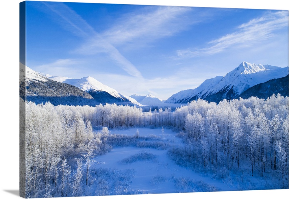 Winter scenic of mountains peaks and valley in Alaska, Portage Valley in South-central Alaska; Anchorage, Alaska, United S...
