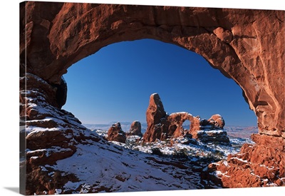 Winter Snow Covers Turret Arch At Arches National Park; Utah