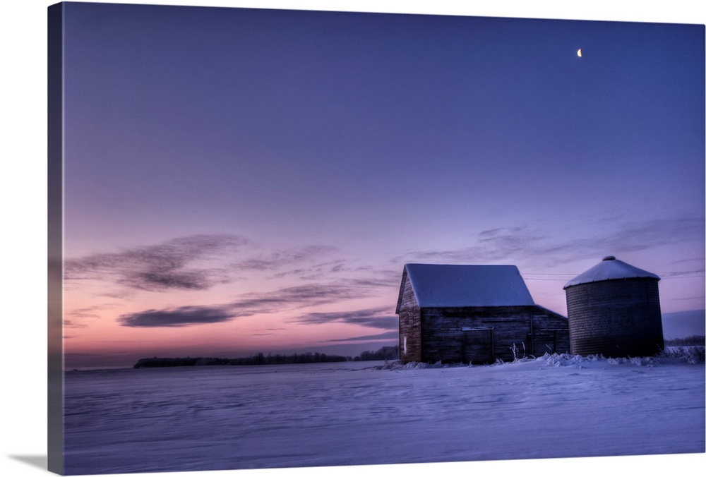 Winter Sunrise Over A Silo And Barn, Alberta