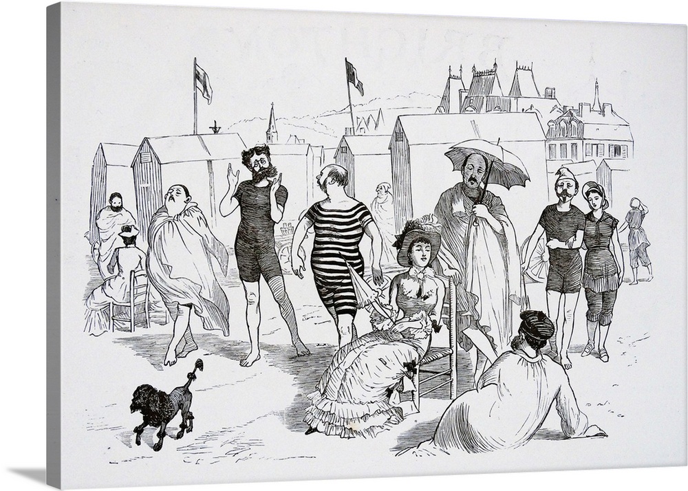 Woodcut illustration of French and English people relaxing on the beach. Dated 1889.