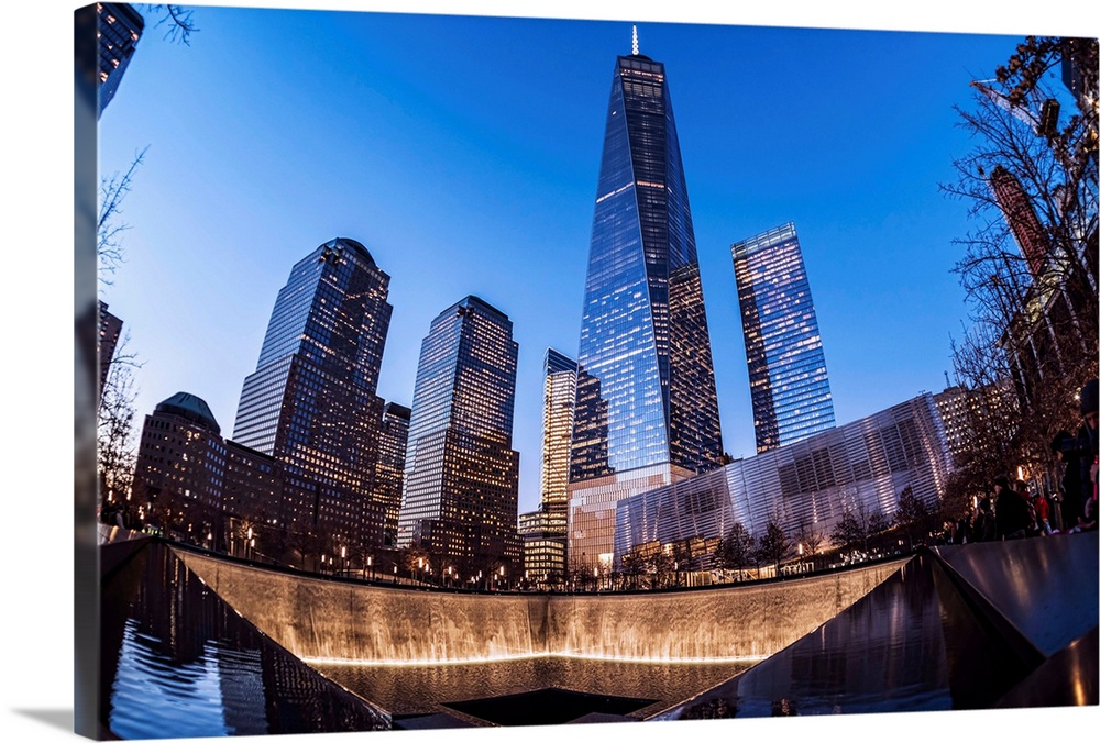 World Trade Center memorial at twilight, World Trade Centre. New York City, New York, United States of America.