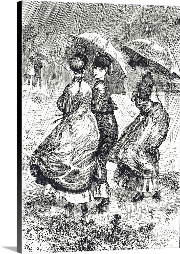 Engraving depicting young women huddling under umbrellas during a rain storm. Illustrated by Gordon Thomson, a British ill...