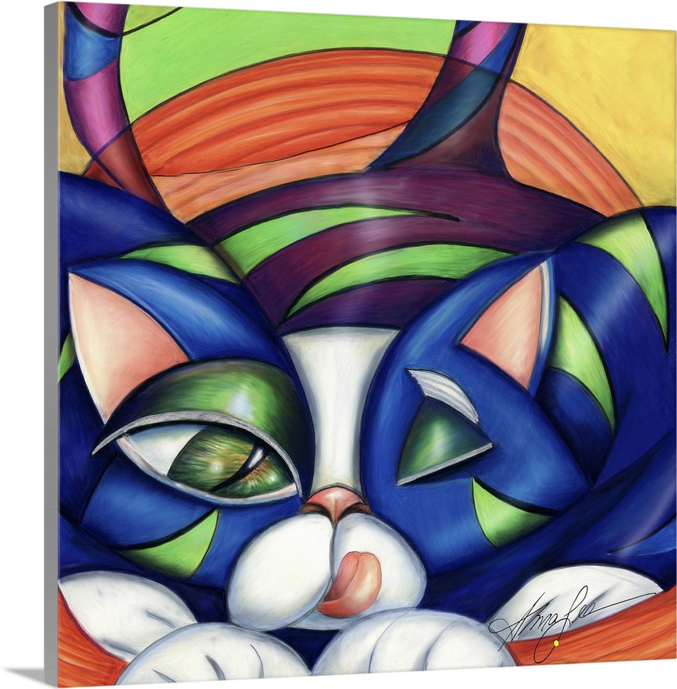 Contemporary artwork in the style of cubism of a crouching cat in bold colors.