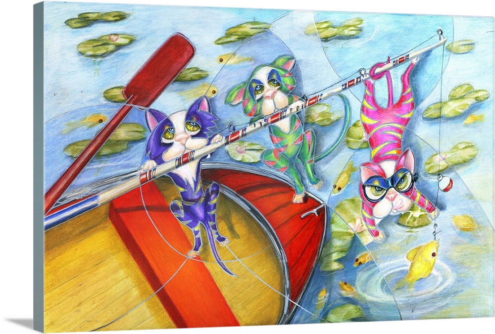 Contemporary artwork in the style of cubism of three cats on a boat in bold colors.