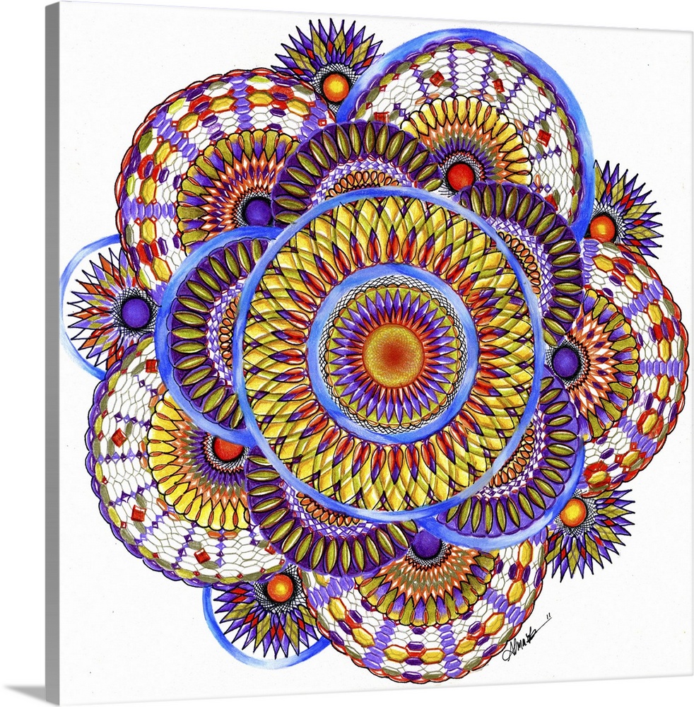 A colorful square spiral graph in a floral shape in colors of yellow and blue.