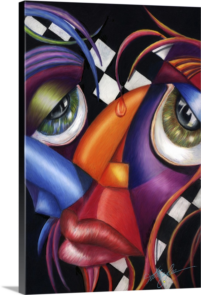 Contemporary artwork in the style of cubism of a face in bold colors.