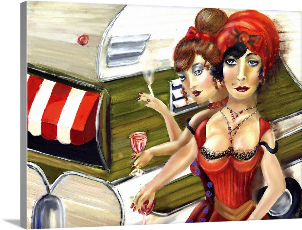 Contemporary painting of two woman smoking in front of a trailer.