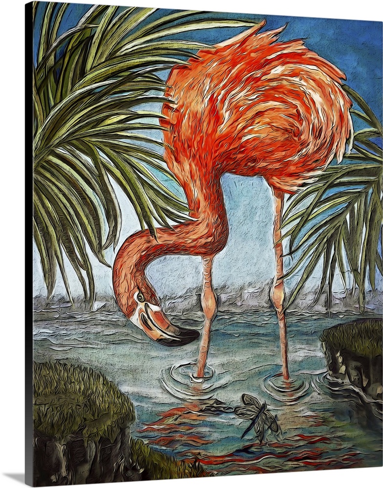 Vertical contemporary painting of a flamingo wading in the water.