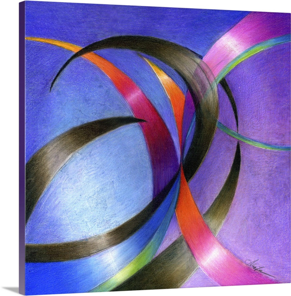 Abstract painting of vibrant colored curved shapes.