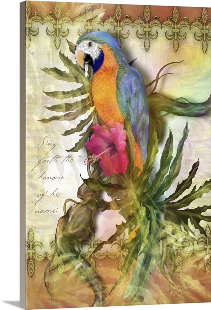 Contemporary painting of a colorful macaw on a branch.