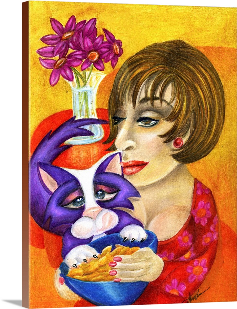 Contemporary artwork in the style of cubism of a woman with a cat in bold colors.