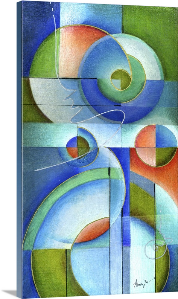 Vertical abstract painting of vibrant colored shapes in circles and triangles.